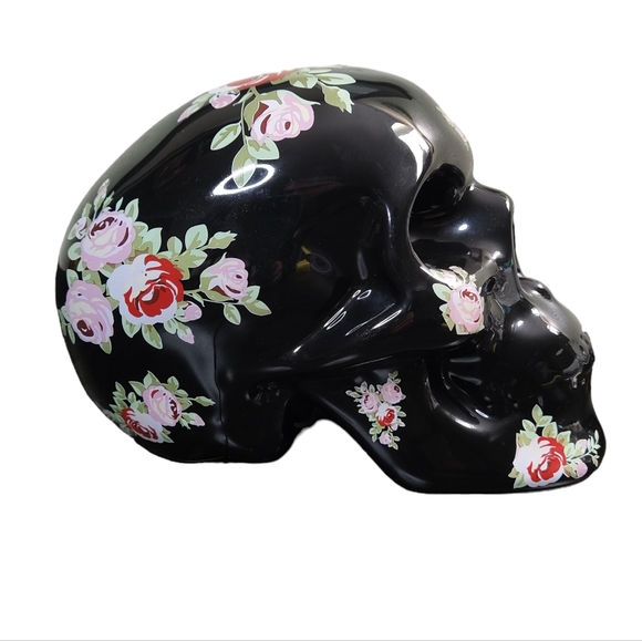 Ceramic Skull Coin Bank Black with Red & Pink Roses - Picture 2 of 5
